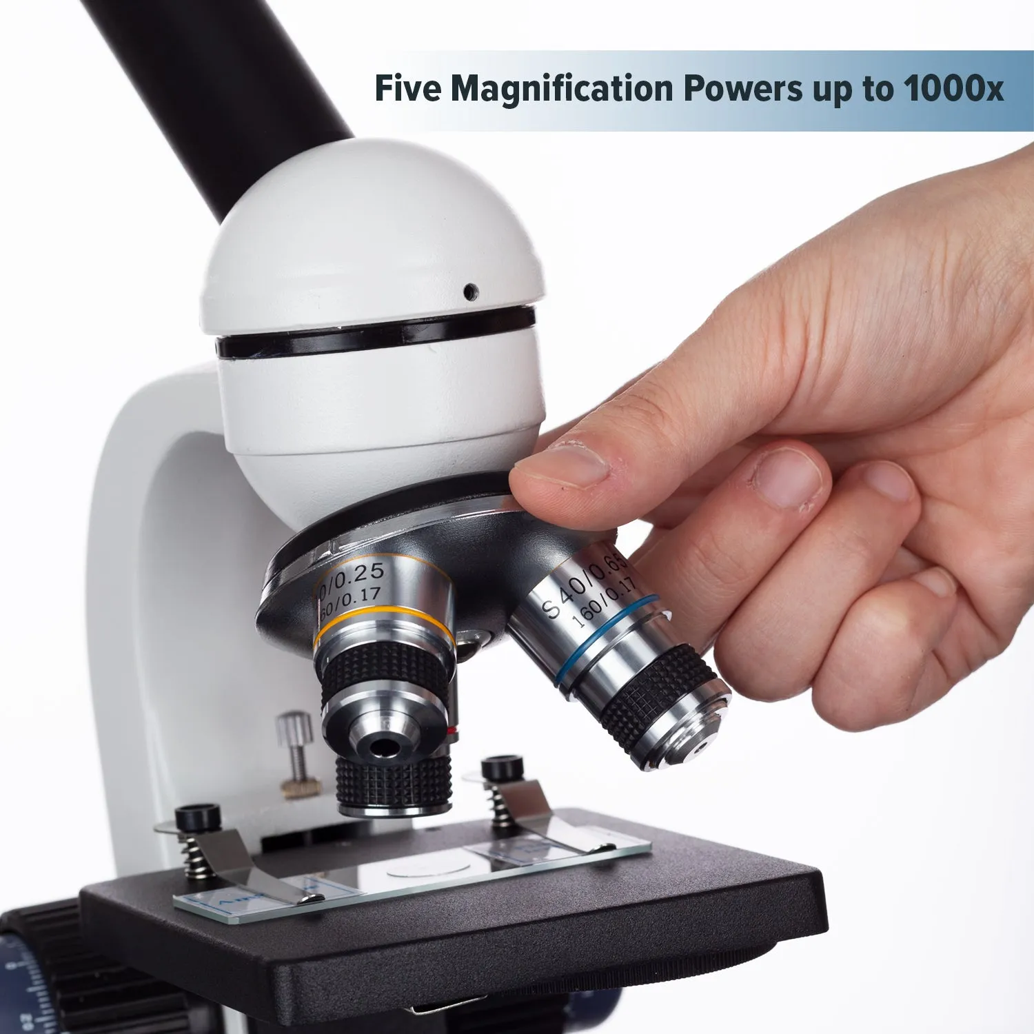 AmScope M150 Series Portable Student Monocular Compound Microscope 40X-1000X Magnification with LED and 25 Prepared Slides