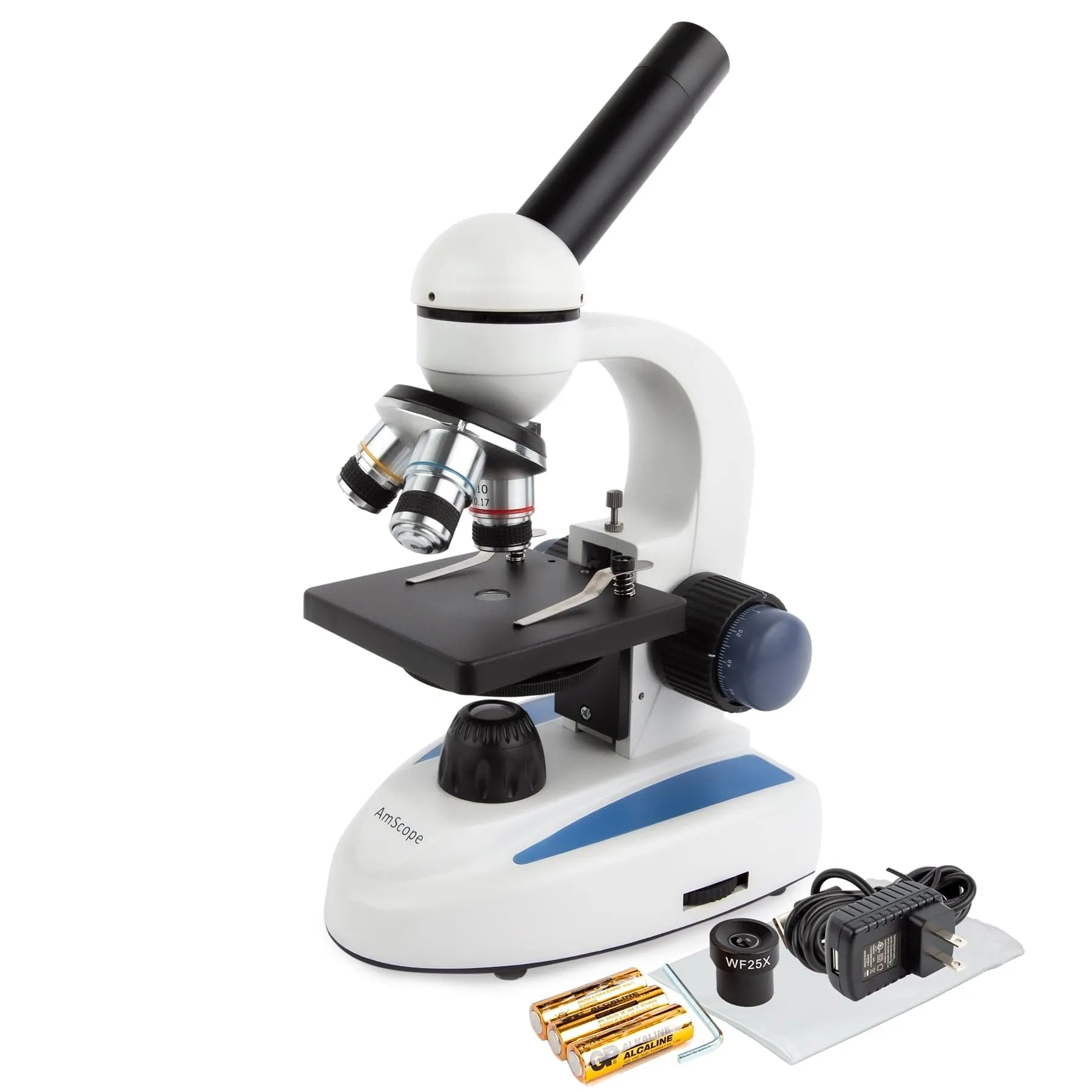 AmScope M158 Series Student Cordless Monocular Compound Microscope 40X-1000X Magnification with Metal Frame, Glass Lenses and Coarse & Fine Focus