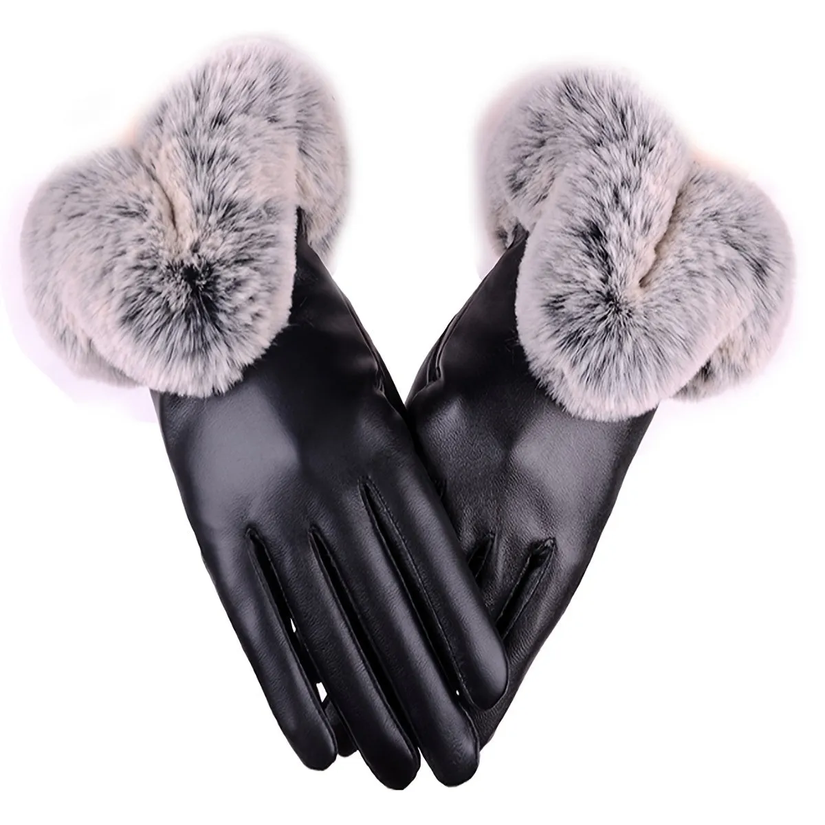 Black PU Leather Gloves with Fluff Lining and Touch Screen