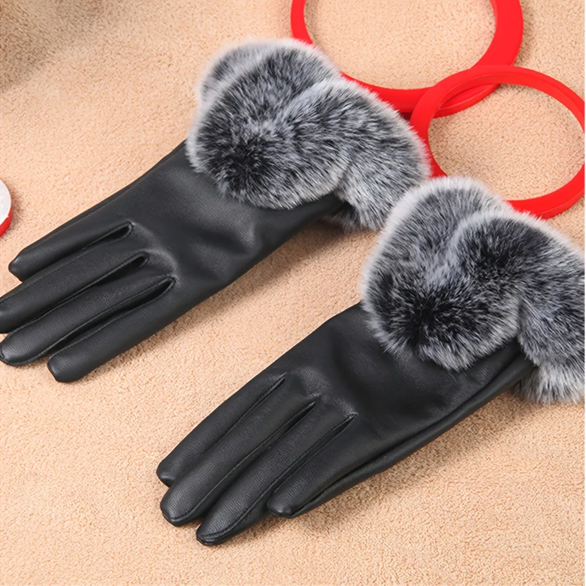 Black PU Leather Gloves with Fluff Lining and Touch Screen