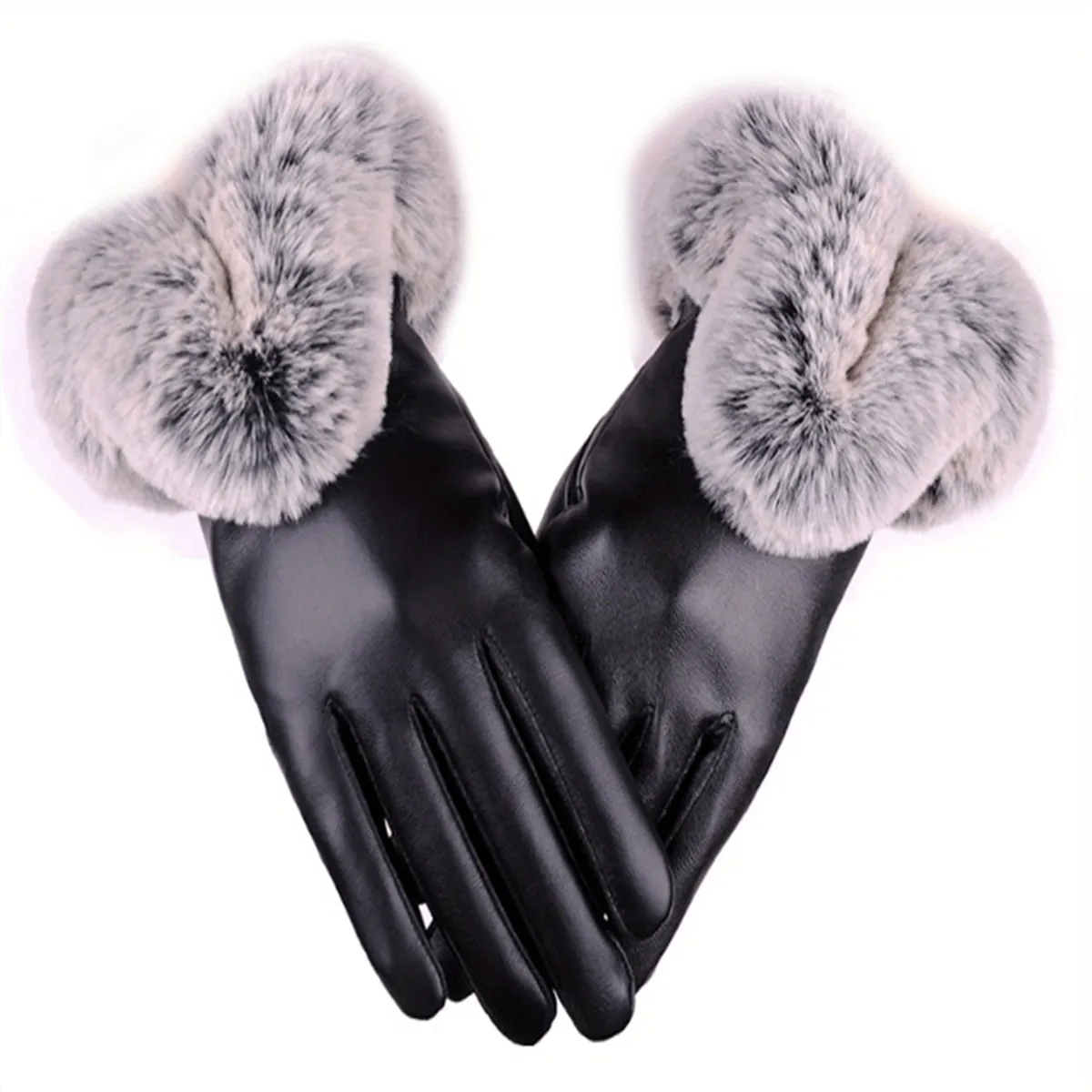 Black PU Leather Gloves with Fluff Lining and Touch Screen