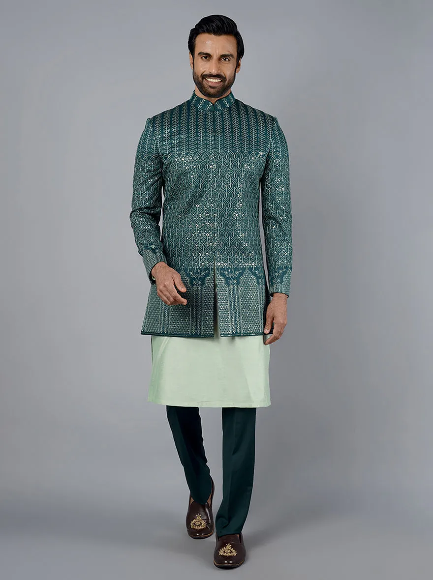 Bottle Green Embroidered Regular Fit Indowestern | TULA