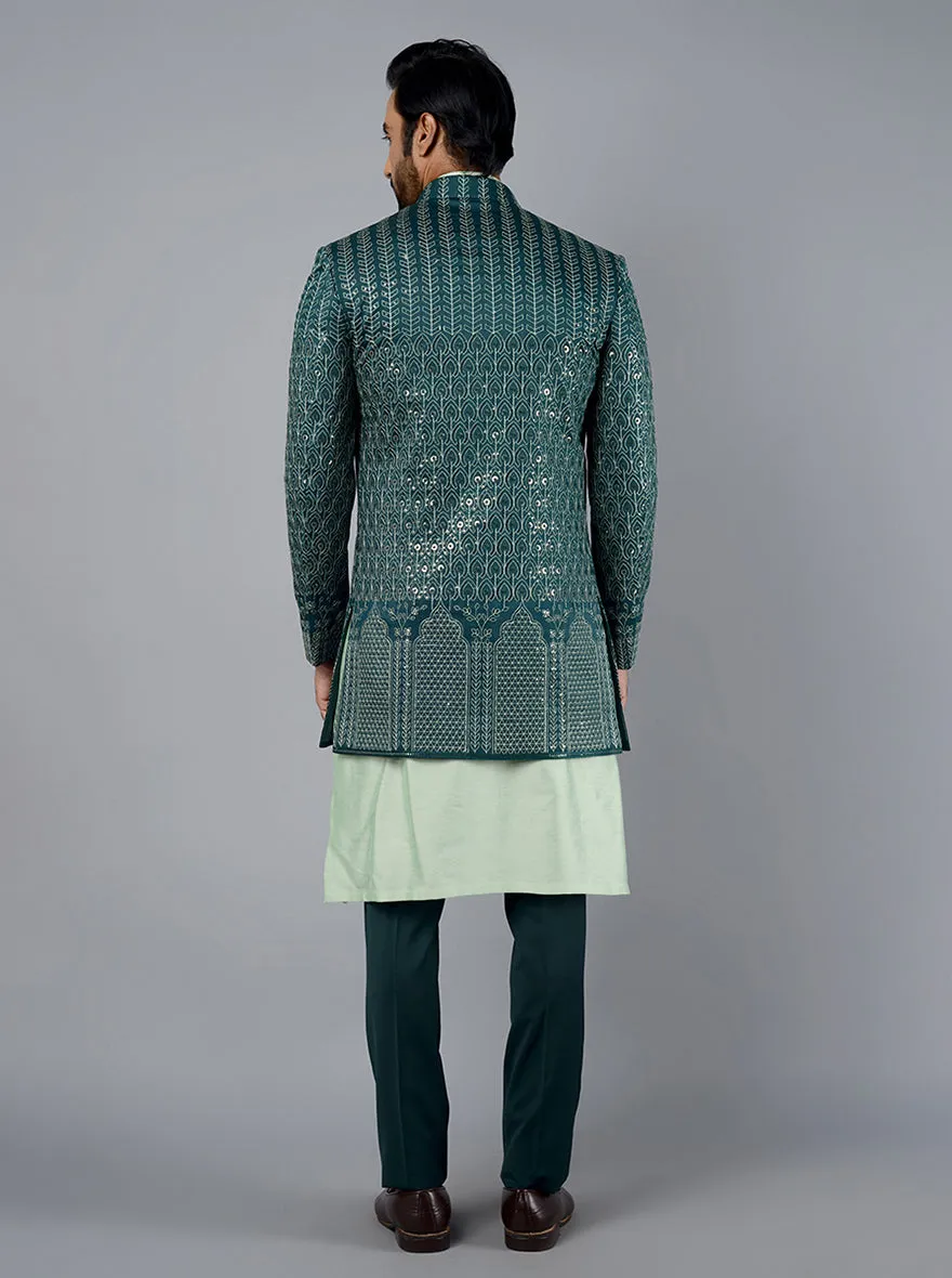 Bottle Green Embroidered Regular Fit Indowestern | TULA