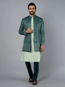 Bottle Green Embroidered Regular Fit Indowestern | TULA