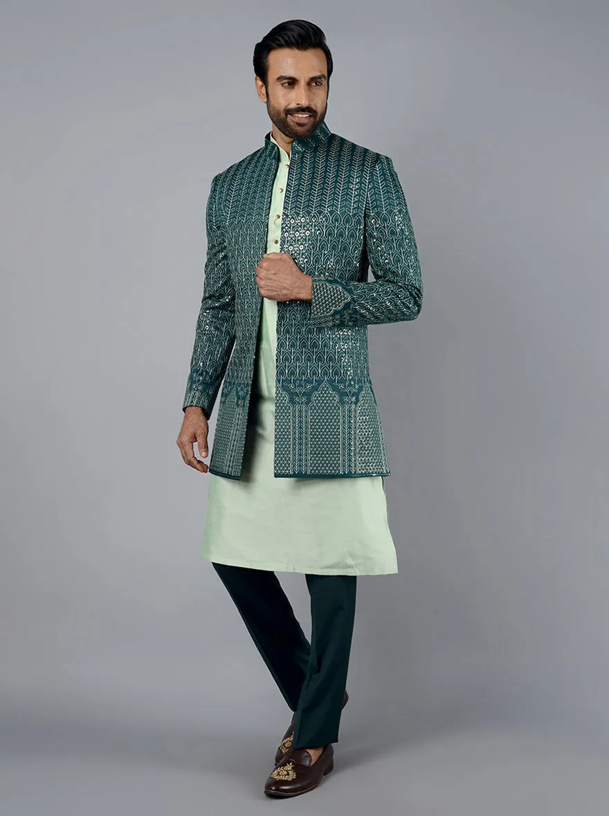 Bottle Green Embroidered Regular Fit Indowestern | TULA