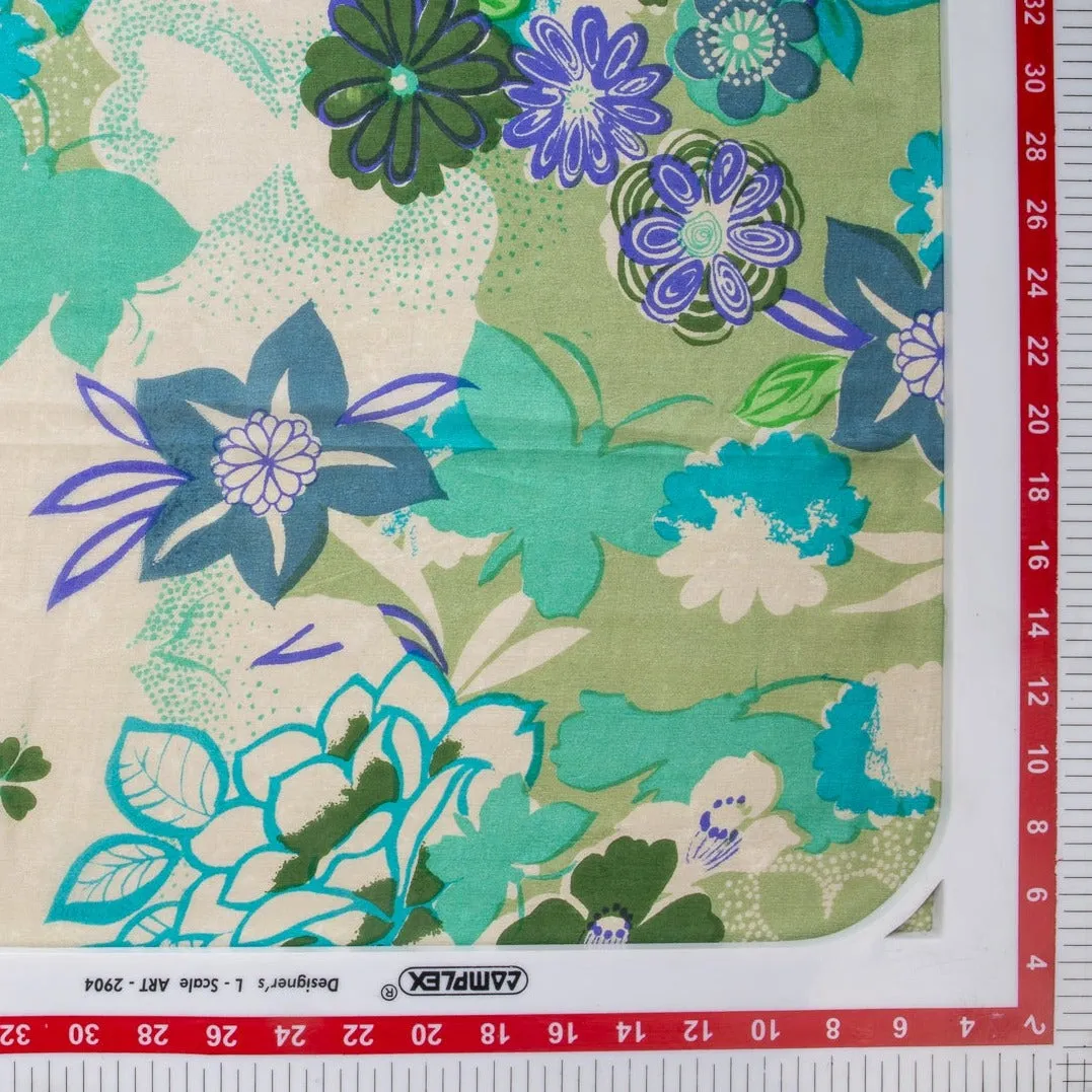 Cream Green Floral Print Tabby Silk Fabric