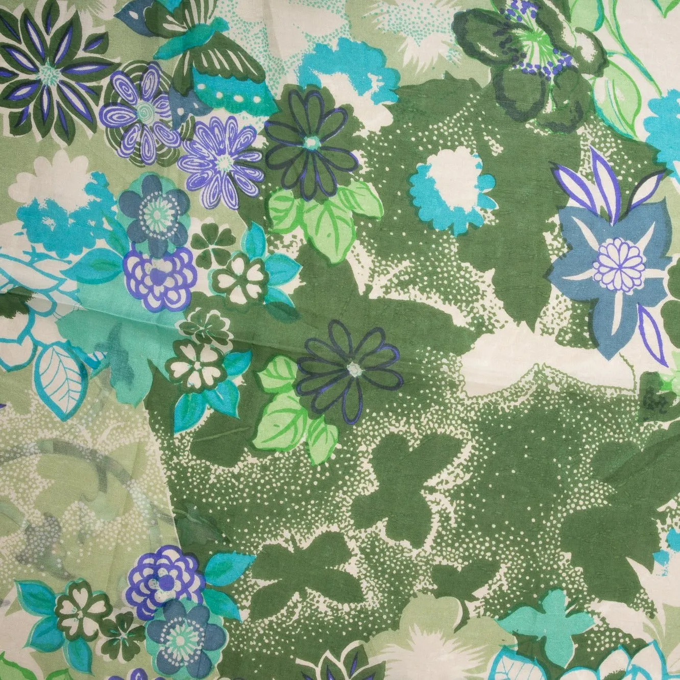 Cream Green Floral Print Tabby Silk Fabric