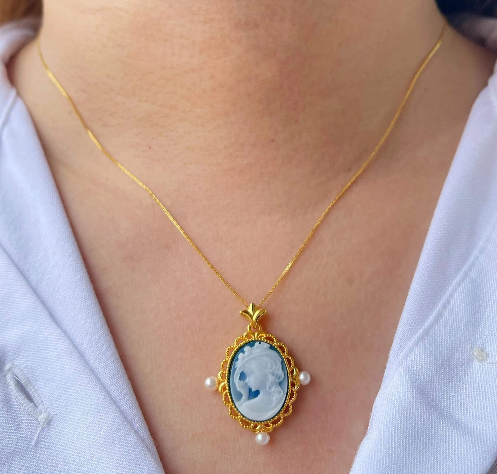 #GOLD2024 | 18K Golden Cameo Pearl Paperclip Chain 18”