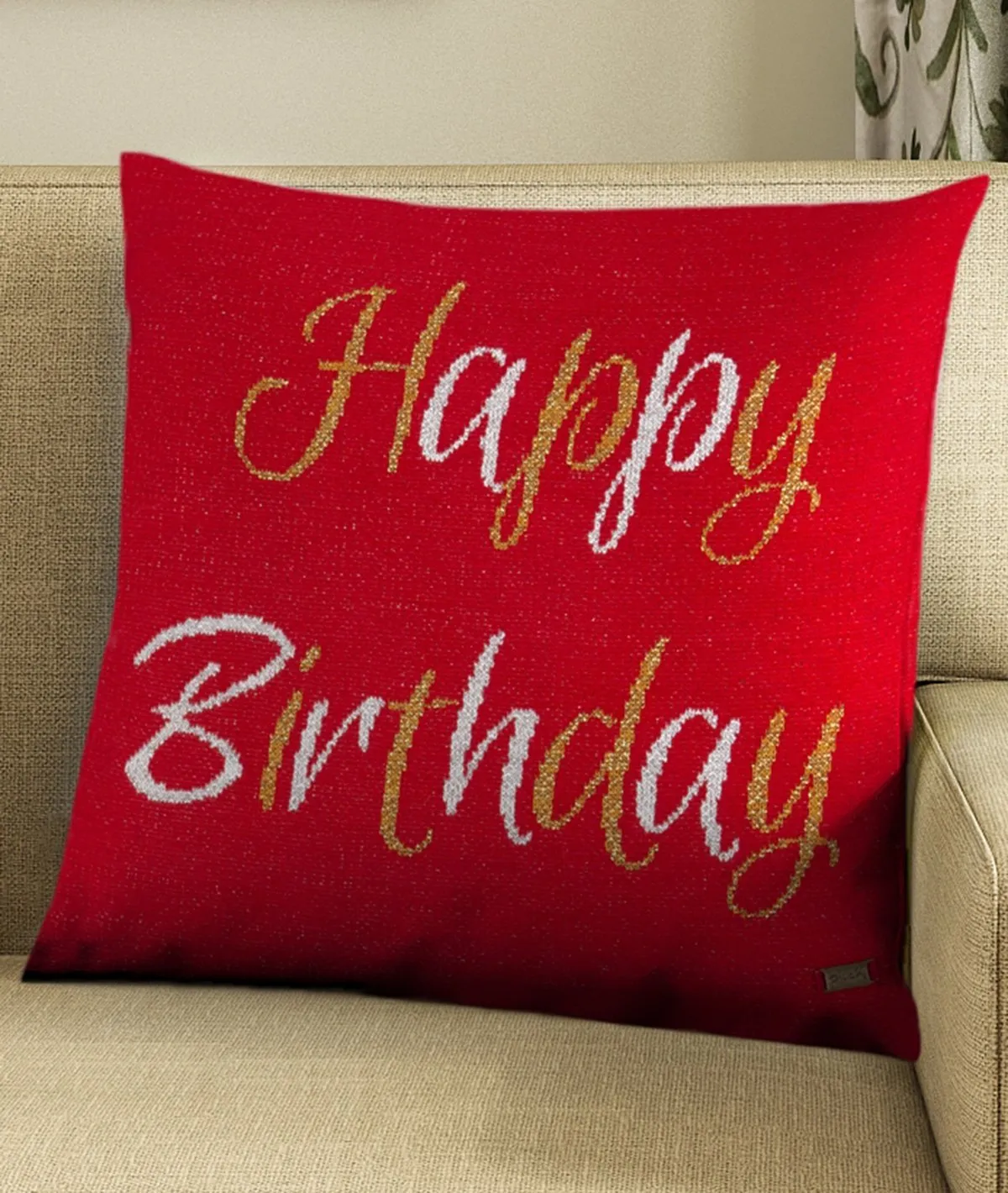 Happy Birthday Cotton Knitted Decorative Red Color 16 x 16 Inches Cushion Cover