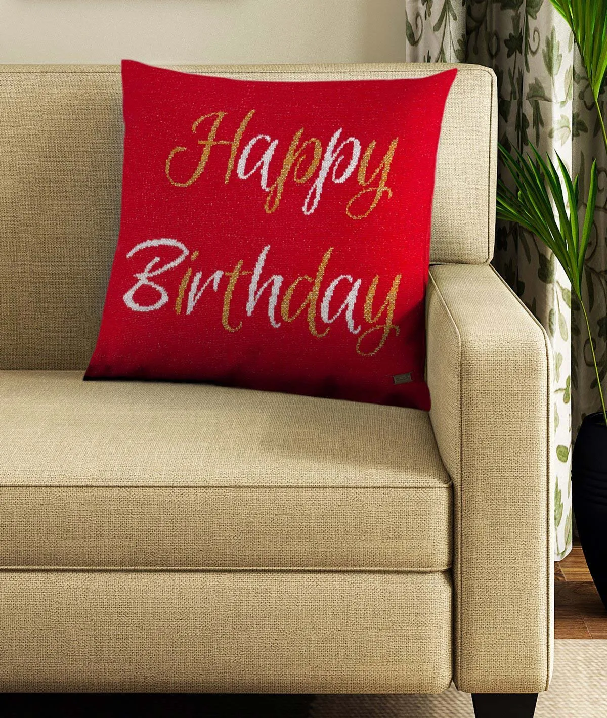 Happy Birthday Cotton Knitted Decorative Red Color 16 x 16 Inches Cushion Cover