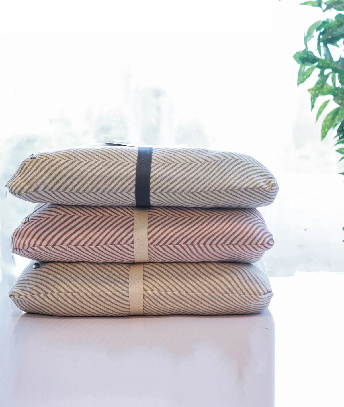 Herringbone - Stone & Natural Combed Cotton Knitted King Size Bed Cover / Ac Blanket Set (1 Bedcover / Ac Blanket , 2 Pillow Covers, 1 Cushion Cover)