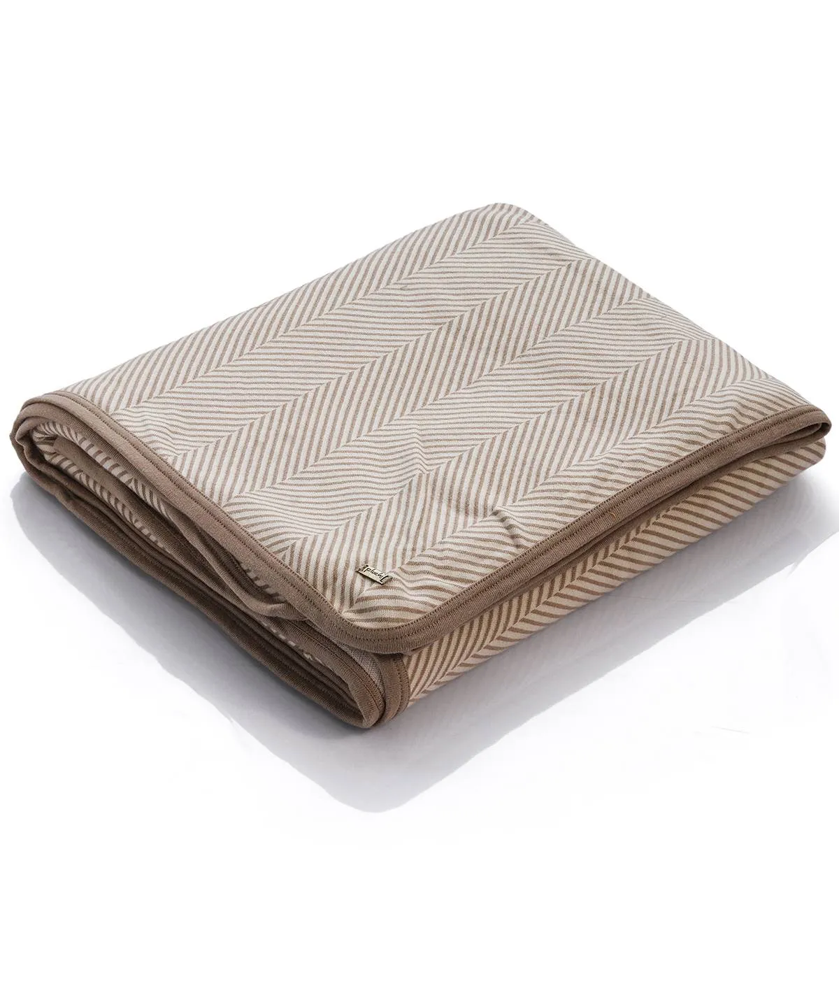 Herringbone - Stone & Natural Combed Cotton Knitted King Size Bed Cover / Ac Blanket Set (1 Bedcover / Ac Blanket , 2 Pillow Covers, 1 Cushion Cover)