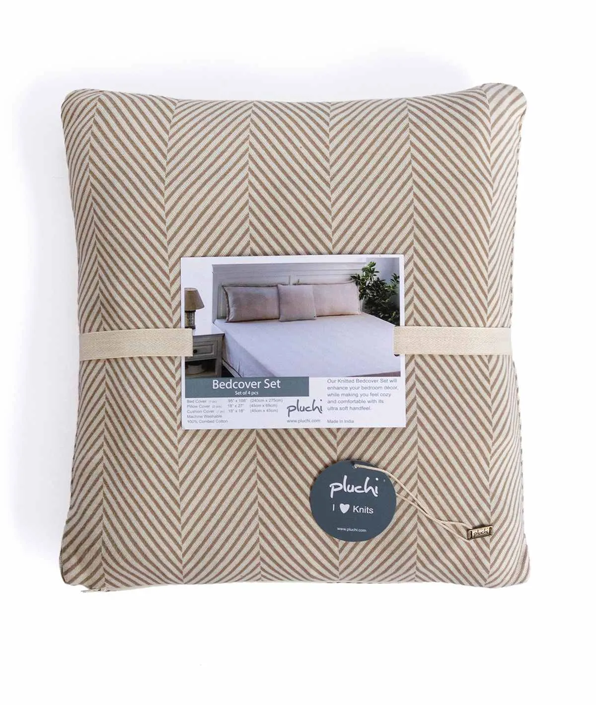 Herringbone - Stone & Natural Combed Cotton Knitted King Size Bed Cover / Ac Blanket Set (1 Bedcover / Ac Blanket , 2 Pillow Covers, 1 Cushion Cover)
