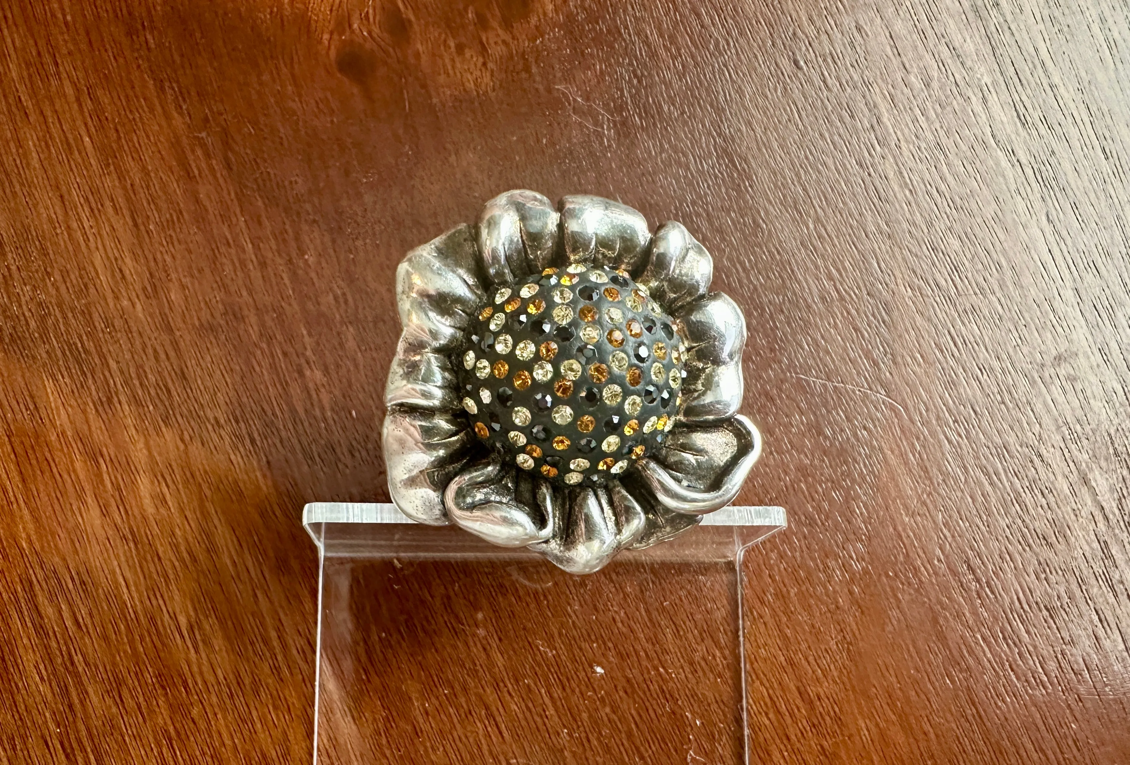 Massive Sterling Silver 925 Puffy Sunflower Rhinestone Cocktail Ring Sz 7.75