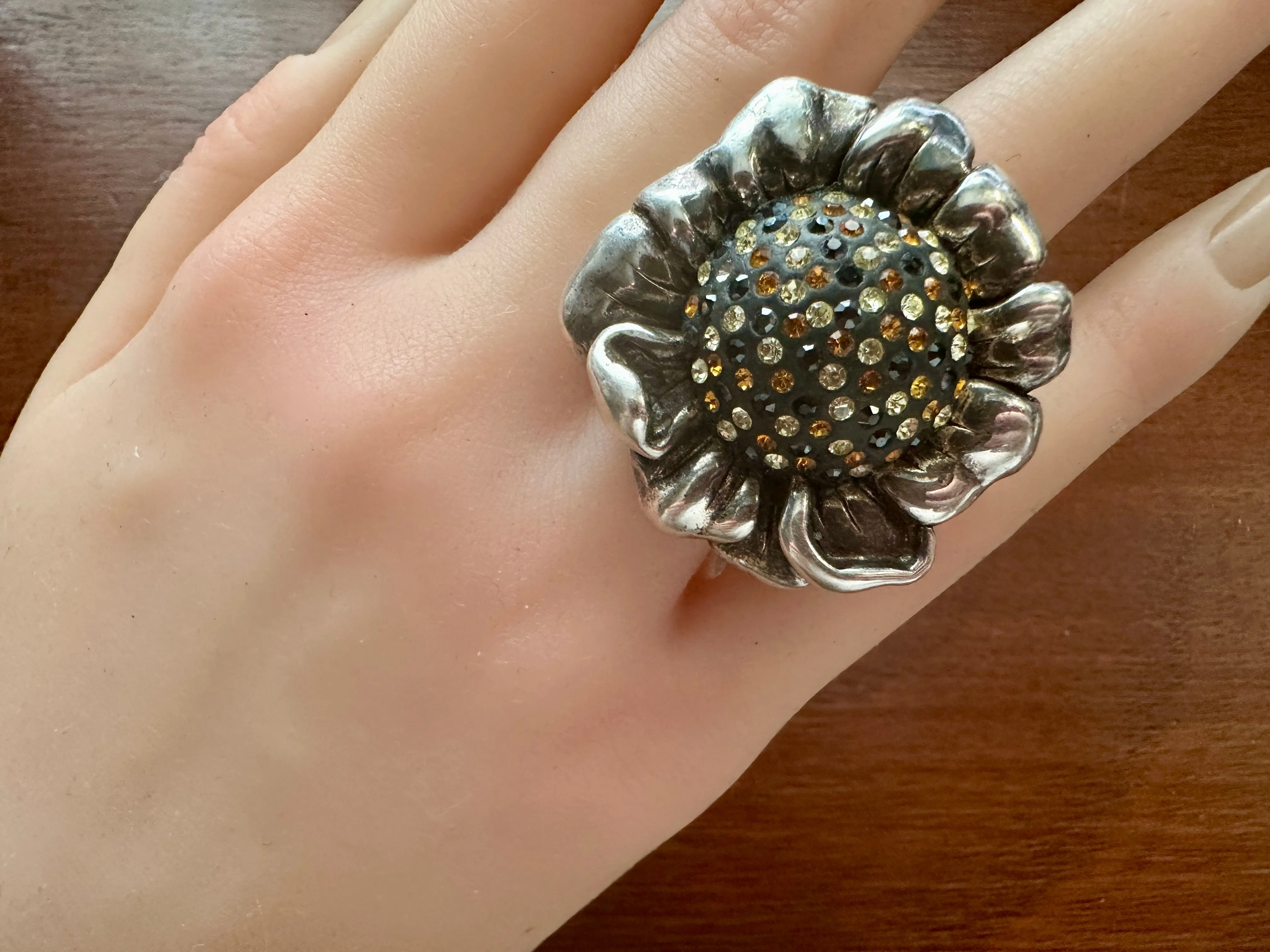 Massive Sterling Silver 925 Puffy Sunflower Rhinestone Cocktail Ring Sz 7.75
