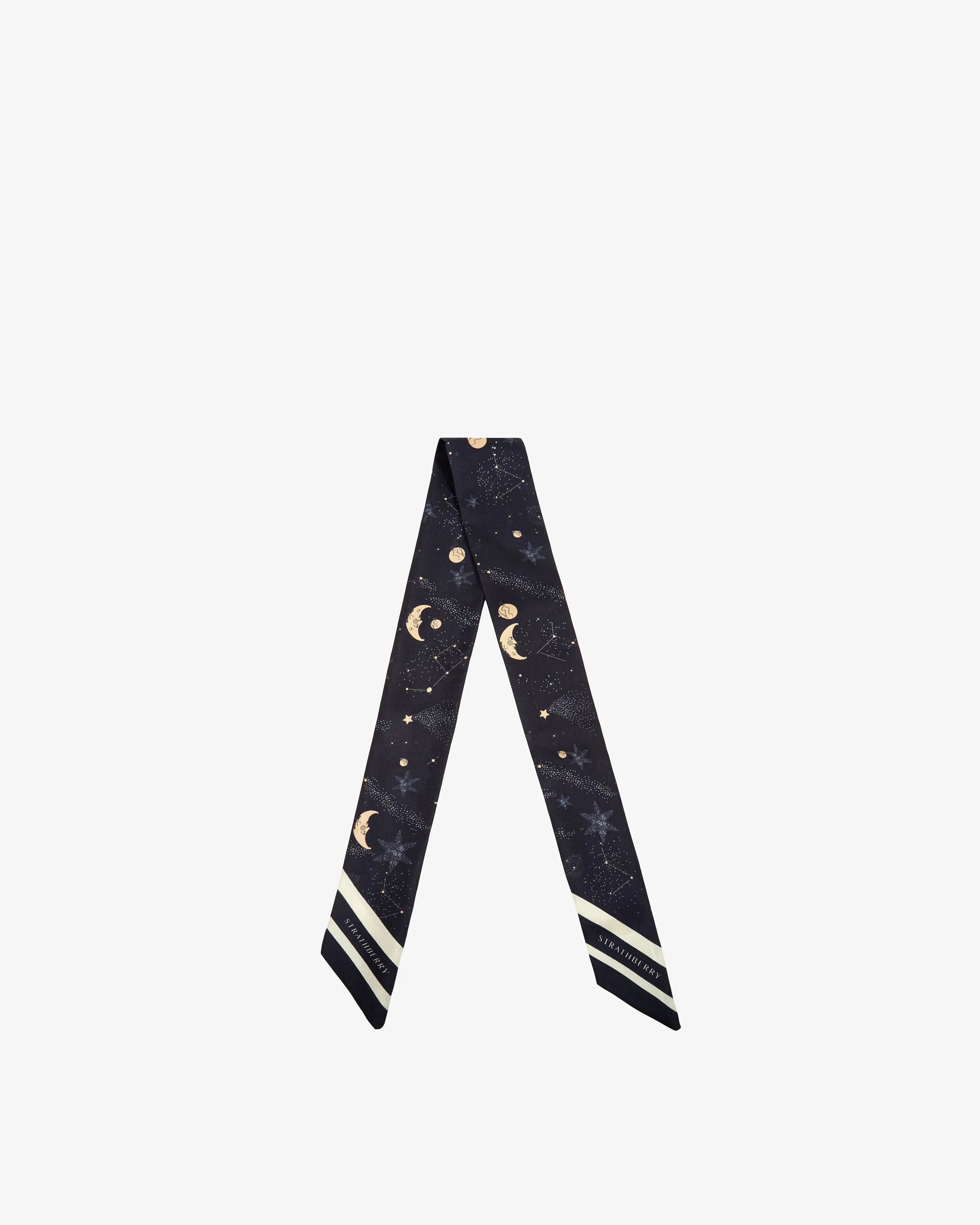 Silk Skinny Scarf - Moon & Star Print Navy