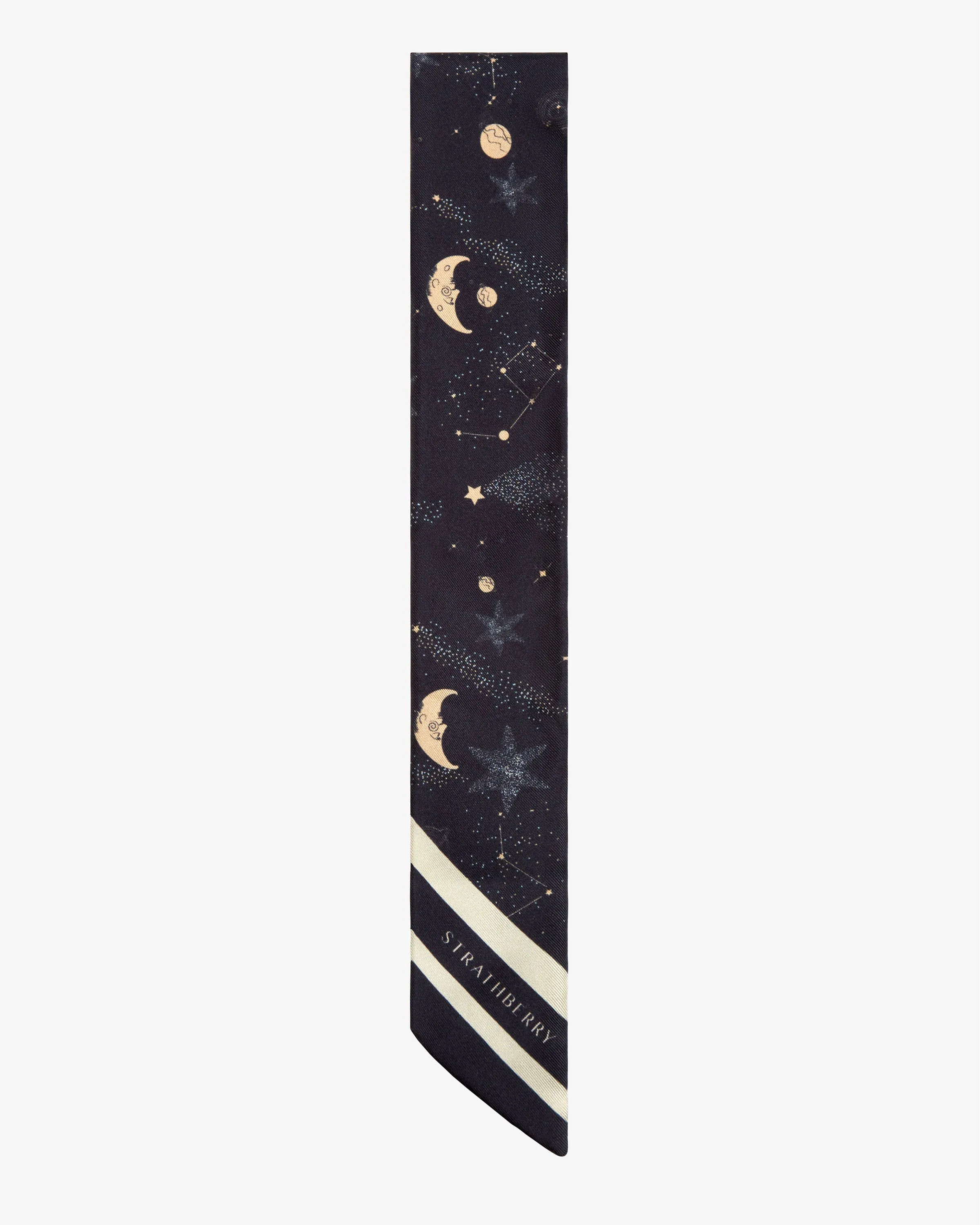 Silk Skinny Scarf - Moon & Star Print Navy