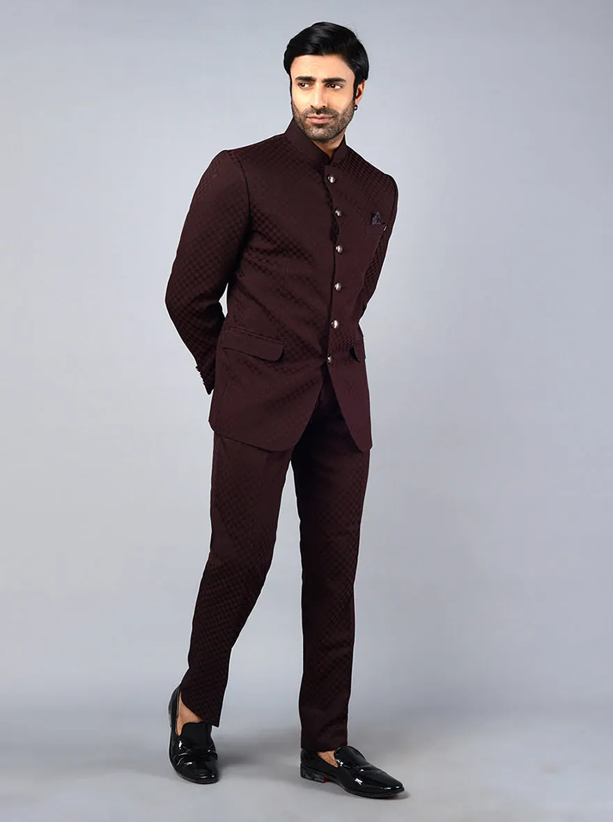 Wine Self Design Regular Fit Jodhpuri Suit | JadeBlue