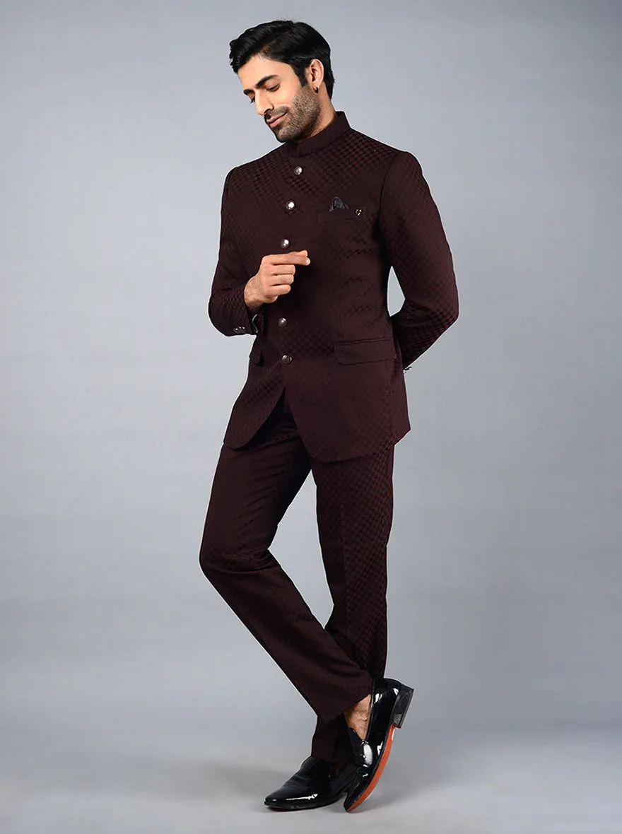 Wine Self Design Regular Fit Jodhpuri Suit | JadeBlue