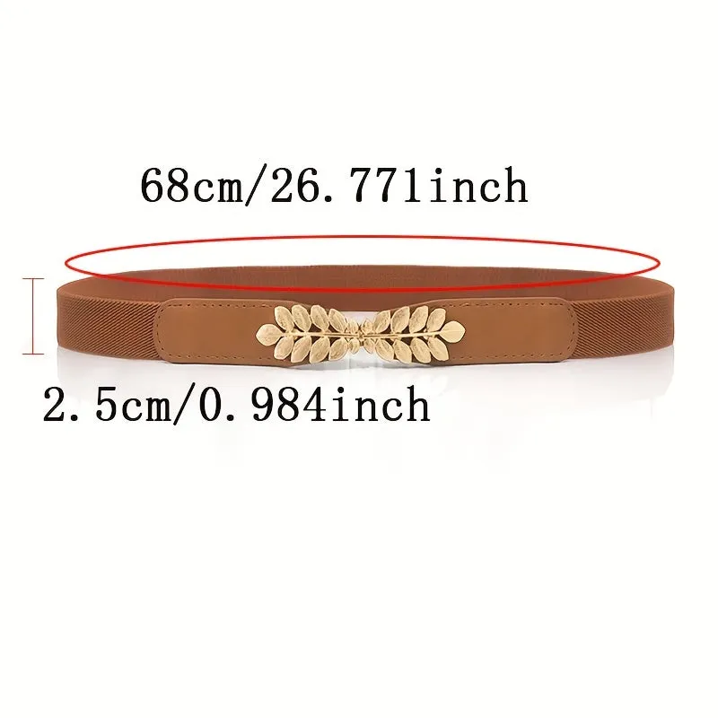 Womens Elegant Solid Color Thin Belts with Golden Leaf Buckle